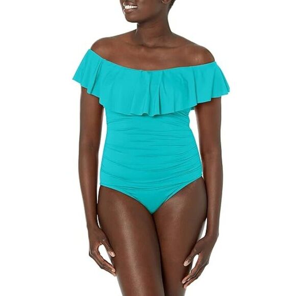 La Blanca Swimsuit Size 14 One Piece Blue Off Shoulder - Picture 1 of 13